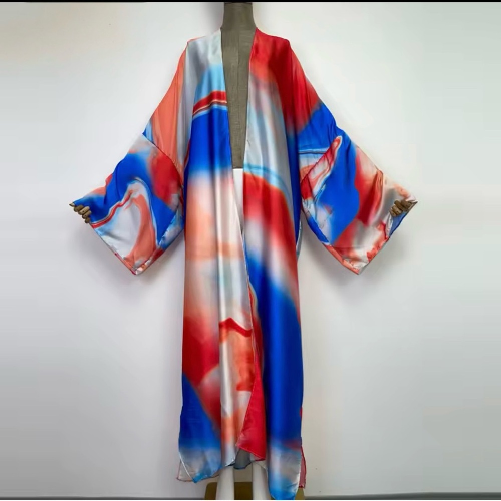 Colorful Satin Kimono Robe - Red, Blue & Cream